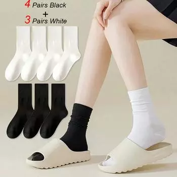 7 пар женских носков с круглым вырезом, модные, универсальные, однотонные черные и белые, бесшовные, мягкие, влагоотводящие, дышащие, повседневные носки One Size