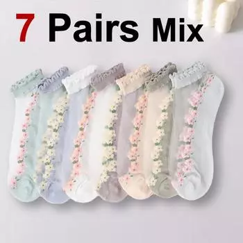 7 пар женских прозрачных носков с цветочным принтом, модные милые кружевные впитывающие пот дышащие мягкие удобные повседневные носки One Size