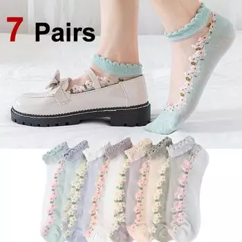 7 пар женских прозрачных носков с цветочным принтом, модные милые кружевные впитывающие пот дышащие мягкие удобные повседневные носки One Size