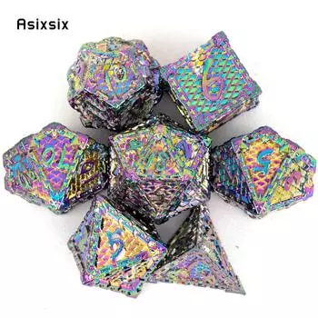 7 шт., разноцветные металлические кубики в виде рыбьей чешуи, набор твердых металлических многогранных кубиков, подходящий для ролевой игры, настольной игры, карточной игры разноцветный