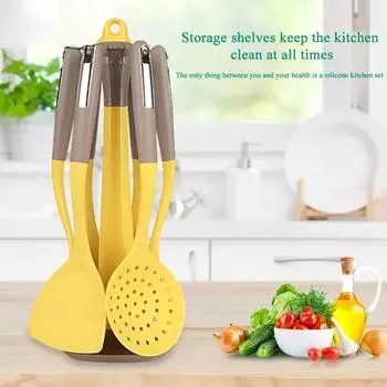 7-piece yellow silicone spatula for kitchen, cooking kit with kitchen rack, soup spoon, colander tool