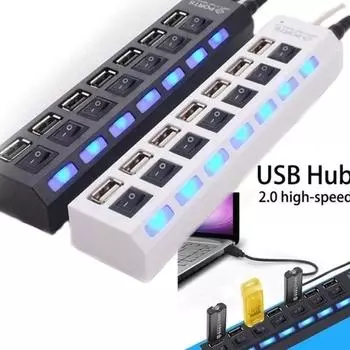 7-портовый светодиодный адаптер USB 2.0, концентратор, переключатель включения/выключения питания для ноутбука, BK чёрный