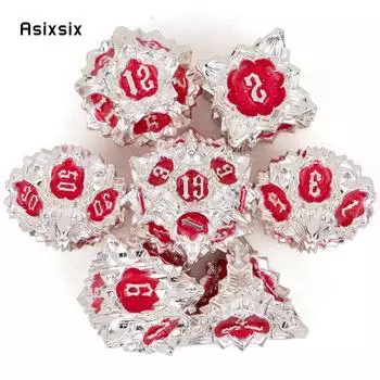 7 шт., белые, красные металлические кубики с цветком лотоса, набор цельнометаллических многогранных кубиков, подходящий для ролевой ролевой игры, настольной игры, карточной игры разноцветный