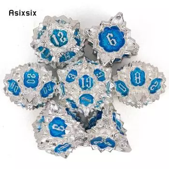 7 шт., белые, синие металлические кубики с цветком лотоса, набор твердых металлических многогранных кубиков, подходит для ролевой игры, настольной игры, карточной игры разноцветный