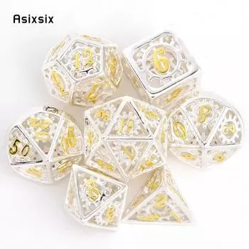 7 шт., белые, желтые колеса, металлические кубики, набор полых металлических многогранных кубиков, подходит для ролевой игры, настольной игры, карточной игры разноцветный