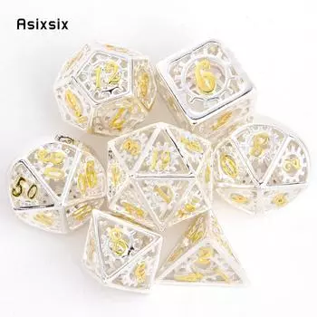 7 шт., белые, желтые колеса, металлические кубики, набор полых металлических многогранных кубиков, подходит для ролевой игры, настольной игры, карточной игры VariantValue