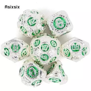 7 шт., белый, зеленый, зубчатое колесо, металлические кубики, набор твердых металлических многогранных кубиков, подходящий для ролевой игры, настольной игры, карточной игры разноцветный