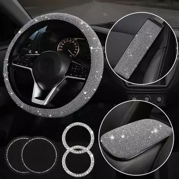 7 шт. чехол на руль автомобиля со стразами, защита плеч, подлокотник, накладка на коробку, кольцо зажигания, декоративная накладка на стаканчик воды, комплект для салона автомобиля чёрный