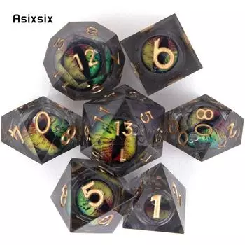 7 шт. черные глазные яблоки с золотым номером, смоляные кубики с острыми краями, многогранные кубики, подходящие для ролевых ролевых игр, настольная игра чёрный