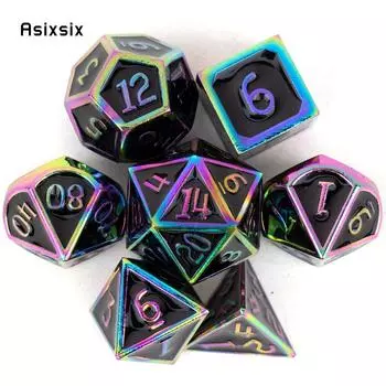 7 шт. черные красочные стандартные металлические кубики, набор цельнометаллических многогранных кубиков, подходящий для ролевой ролевой игры, настольной игры, карточной игры разноцветный