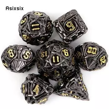 7 шт., черные, желтые полосатые металлические кубики, набор цельнометаллических многогранных кубиков, подходящий для ролевой игры, настольной игры, карточной игры