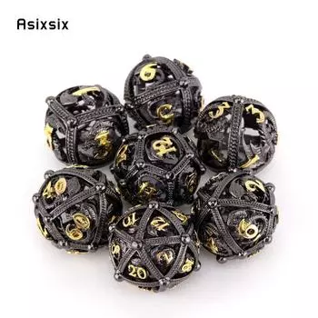 7 шт. черный золотой дракон круглые металлические игральные кости набор полых металлических многогранных кубиков подходит для ролевой ролевой игры, настольной игры, карточной игры разноцветный