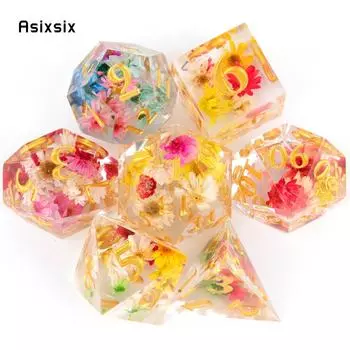 7 шт., цветочная смола, золотой номер, игральные кости с острыми краями, многогранные кости, подходящие для ролевых ролевых игр, настольная игра разноцветный
