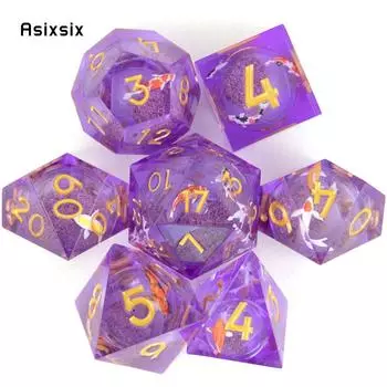 7 шт. фиолетовая рыба, золотой номер, смоляные кубики с острыми краями, многогранные кубики, подходящие для ролевых ролевых игр, настольная игра фиолетовый