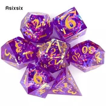 7 шт. фиолетовая смола с золотым номером, игральные кости с острыми краями, многогранные кости, подходящие для ролевой ролевой настольной игры разноцветный