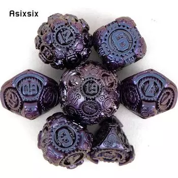7 шт. фиолетовый, черный зубчатое колесо, металлические кубики, набор твердых металлических многогранных кубиков, подходящий для ролевой ролевой игры, настольной игры, карточной игры разноцветный