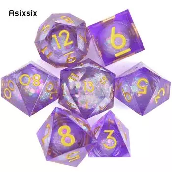 7 шт. фиолетовый струящийся песок с золотым номером, смоляные кубики с острыми краями, многогранные кубики, подходящие для ролевых ролевых игр, настольная игра разноцветный