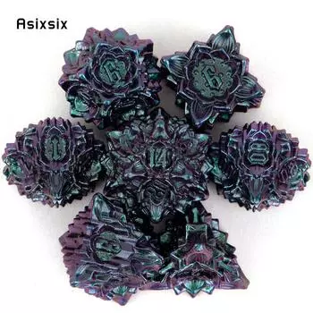 7 шт. фиолетовый, зеленый цветок лотоса, металлические кубики, набор твердых металлических многогранных кубиков, подходящий для ролевой ролевой игры, настольной игры, карточной игры фиолетовый