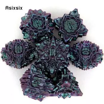 7 шт. фиолетовый, зеленый цветок лотоса, металлические кубики, набор твердых металлических многогранных кубиков, подходящий для ролевой ролевой игры, настольной игры, карточной игры разноцветный