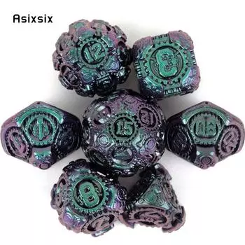 7 шт. фиолетовый, зеленый, зубчатое колесо, металлические кубики, набор твердых металлических многогранных кубиков, подходящий для ролевой игры, настольной игры, карточной игры разноцветный
