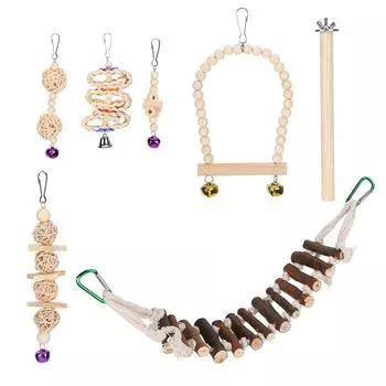 7 шт., игрушки в виде клетки для птиц, деревянные качели, подвесные жевательные игрушки, стоячие игрушки, подвесной колокольчик, клетка для птиц, игрушки