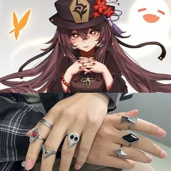 7 шт., кольцо Genshin Impact Hu Tao, аксессуары для косплея, набор колец, реквизит, персонажи проекта, металлическое кольцо в подарок для унисекс 7PCS