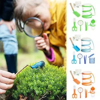 7 шт./компл., детский комплект для ловли животных с коробкой для сбора, складная сетчатая клетка, ножничный зажим, пинцет, увеличительное стекло, лопата, игрушка для исследования природы на открытом воздухе зелёный