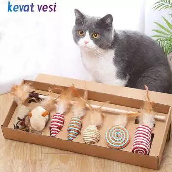 7 шт./компл. игрушки для кошек имитация мыши перо дразнилка палочка для кошек забавные игрушки для обучения котят игра интерактивная игрушка товары для животных