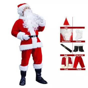 7 шт./компл. костюм Санта-Клауса для взрослых, рождественский костюм для косплея, шапка Санты, борода, топ, брюки, пояс, перчатки, бахилы, комплект для выступлений на Новый год L 7pcs