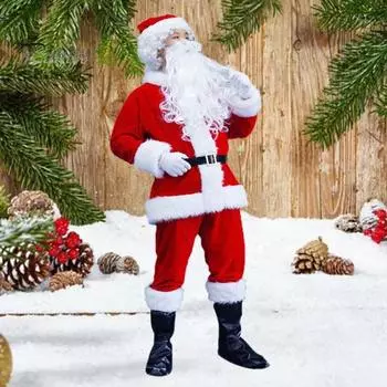 7 шт./компл. костюм Санта-Клауса для взрослых, рождественский костюм для косплея, шапка Санты, борода, топ, брюки, пояс, перчатки, бахилы, комплект для выступлений на Новый год L 7pcs