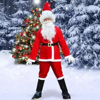 7 шт./компл. костюм Санта-Клауса для взрослых, рождественский костюм для косплея, шапка Санты, борода, топ L 7pcs