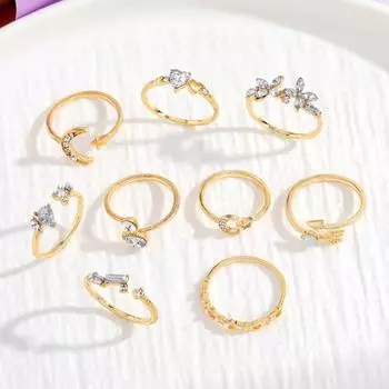 7 шт./компл. набор колец со стразами и крестом в виде звезды и луны, женские регулируемые кольца с открытием, изысканный набор многослойных колец C