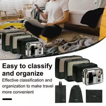 7 шт./компл., сумка для хранения, комплект, сумка для одежды, косметичка на молнии, прозрачное нижнее белье для макияжа, обувь, телефон, дорожный органайзер для багажа, сумка для туалетных принадлежностей чёрный