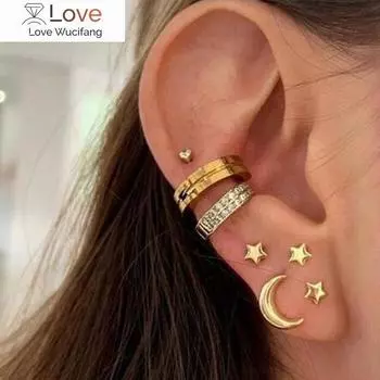 7 шт. /Комплект минималистичных геометрических мини-сережек-гвоздиков со звездами и луной для женщин, серьги-каффы со стразами, зажимы для хряща уха, наборы ювелирных изделий
