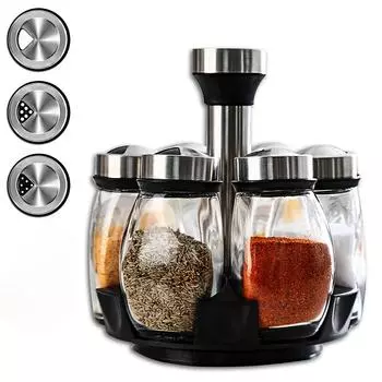 7 шт./комплект, многофункциональная вращающаяся полка для специй с 6 баночками для специй - для размещения на столешнице или в шкафу, кухонные принадлежности Set Of 7 Swivel Base Condiment Bottles