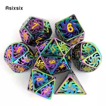 7 шт. красочные вращающиеся металлические кубики с ветряной мельницей, набор полых металлических многогранных кубиков, подходящий для ролевой игры, настольной игры, карточной игры разноцветный
