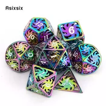 7 шт. красочные вращающиеся металлические кубики с ветряной мельницей, набор полых металлических многогранных кубиков, подходящий для ролевой игры, настольной игры, карточной игры разноцветный