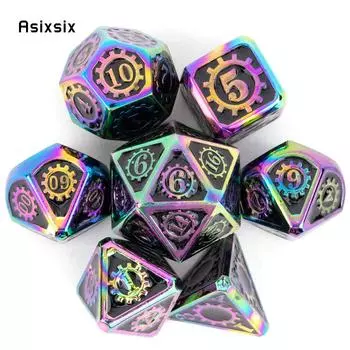 7 шт. красочные зубчатые колеса, металлические кубики, набор твердых металлических многогранных кубиков, подходящий для ролевой игры, настольной игры, карточной игры разноцветный