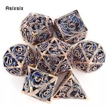 7 шт. медь, синий дракон, металлические игральные кости, набор полых металлических многогранных кубиков, подходит для ролевой игры, настольной игры, карточной игры разноцветный