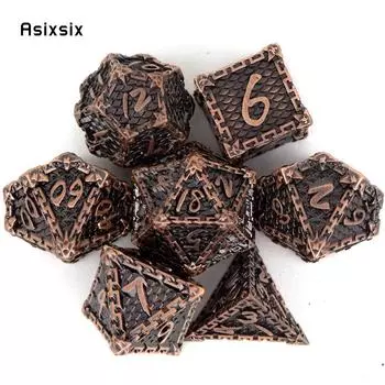 7 шт., медная рыбья чешуя, металлические кубики, набор твердых металлических многогранных кубиков, подходящий для ролевой игры, настольной игры, карточной игры разноцветный