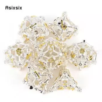 7 шт., металлические игральные кости белого и золотого цвета с головой черепа, набор полых металлических многогранных кубиков, подходящий для ролевой ролевой игры, настольной игры, карточной игры разноцветный