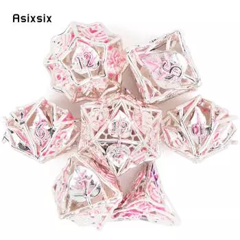 7 шт. металлические игральные кости с розовым листом и цветком, набор полых металлических многогранных кубиков, подходящий для ролевой игры, настольной игры, карточной игры разноцветный