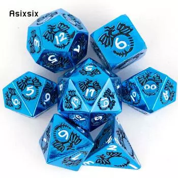 7 шт., металлические игральные кости с синим, белым драконом, набор цельных металлических многогранных кубиков, подходящий для ролевой ролевой игры, настольной игры, карточной игры разноцветный