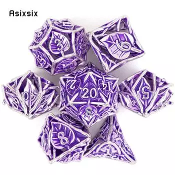 7 шт. металлические игральные кости с фиолетовыми листьями и цветами, набор полых металлических многогранных кубиков, подходящий для ролевой игры, настольной игры, карточной игры разноцветный