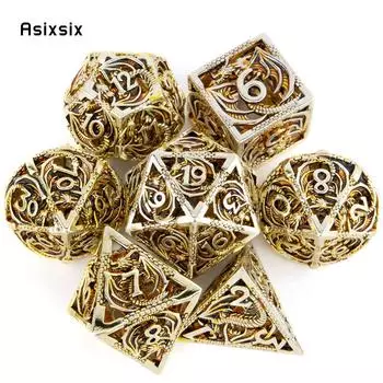 7 шт., металлические игральные кости с золотым драконом, набор полых металлических многогранных кубиков с драконом, подходит для ролевой ролевой игры, настольной игры, карточной игры
