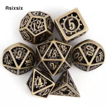 7 шт., металлические игральные кости с желтыми колесами, набор полых металлических многогранных кубиков, подходит для ролевой игры, настольной игры, карточной игры VariantValue