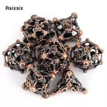 7 шт., металлические кубики с медной головой черепа, набор полых металлических многогранных кубиков, подходящий для ролевой игры, настольной игры, карточной игры разноцветный