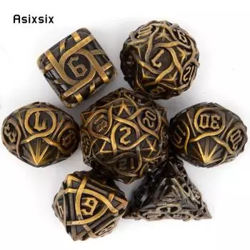 7 шт. металлические кубики с желтой полосой, набор цельных металлических многогранных кубиков, подходящий для ролевой игры, настольной игры, карточной игры