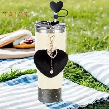 7 шт. Набор аксессуаров для чашек, симпатичное сердечко, кулон в виде комочка шерсти, помада, бант, соломенная заглушка, силиконовый чехол для чашек, декоративные подвески фиолетовый