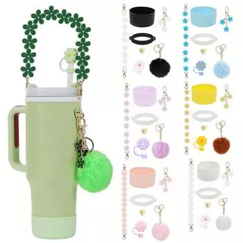 7 шт./набор цепочек для чашек, аксессуары для украшения чашек, мультяшные цветы, безопасная петля, пряжка, соломенная крышка, подставка для бутылки с водой, украшение, набор розовый